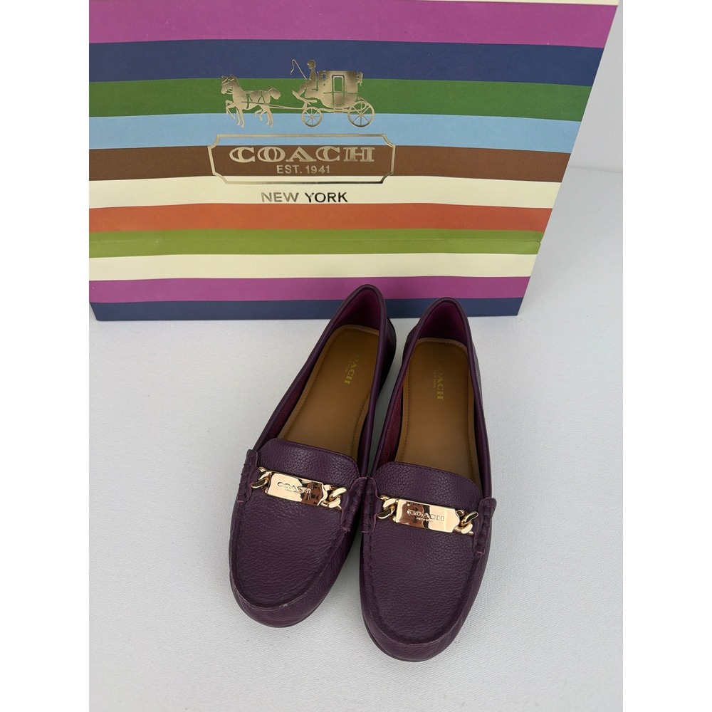NEW Coach Olive Loafers 8B Purple Pebbled Leather Gold Chain Driver Shoes A7751